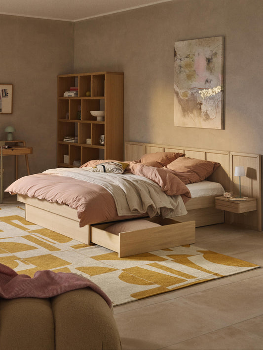 Nanto Wooden Bed with Headboard and Bedside Tables