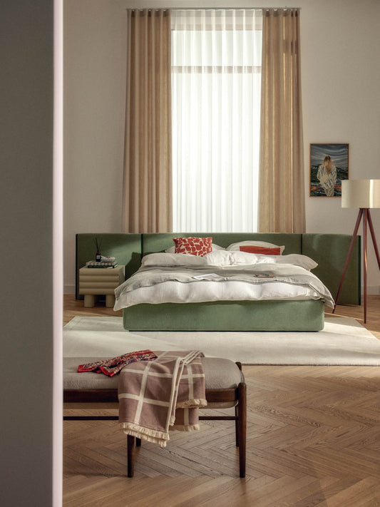 Otis Upholstered Bed, Folding Headboard