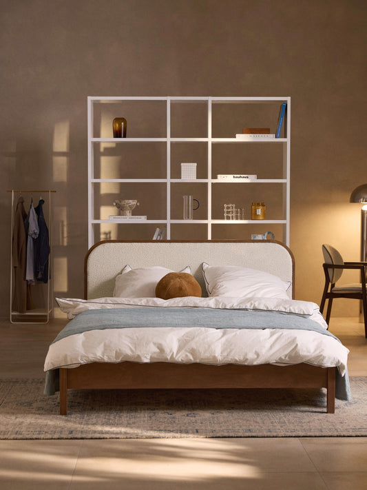Jones Wooden Bed with Headboard in Bouclé